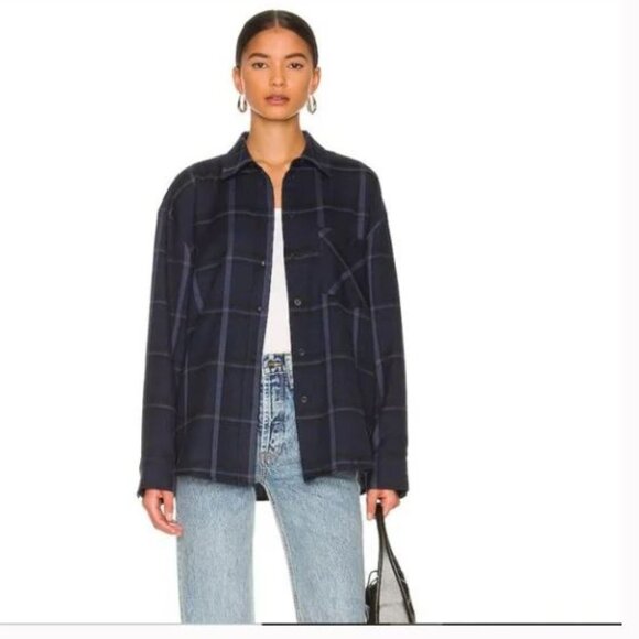 Anine Bing Sam Oversized Plaid Shirt Navy Blue  Button Down Sz M - Picture 1 of 1